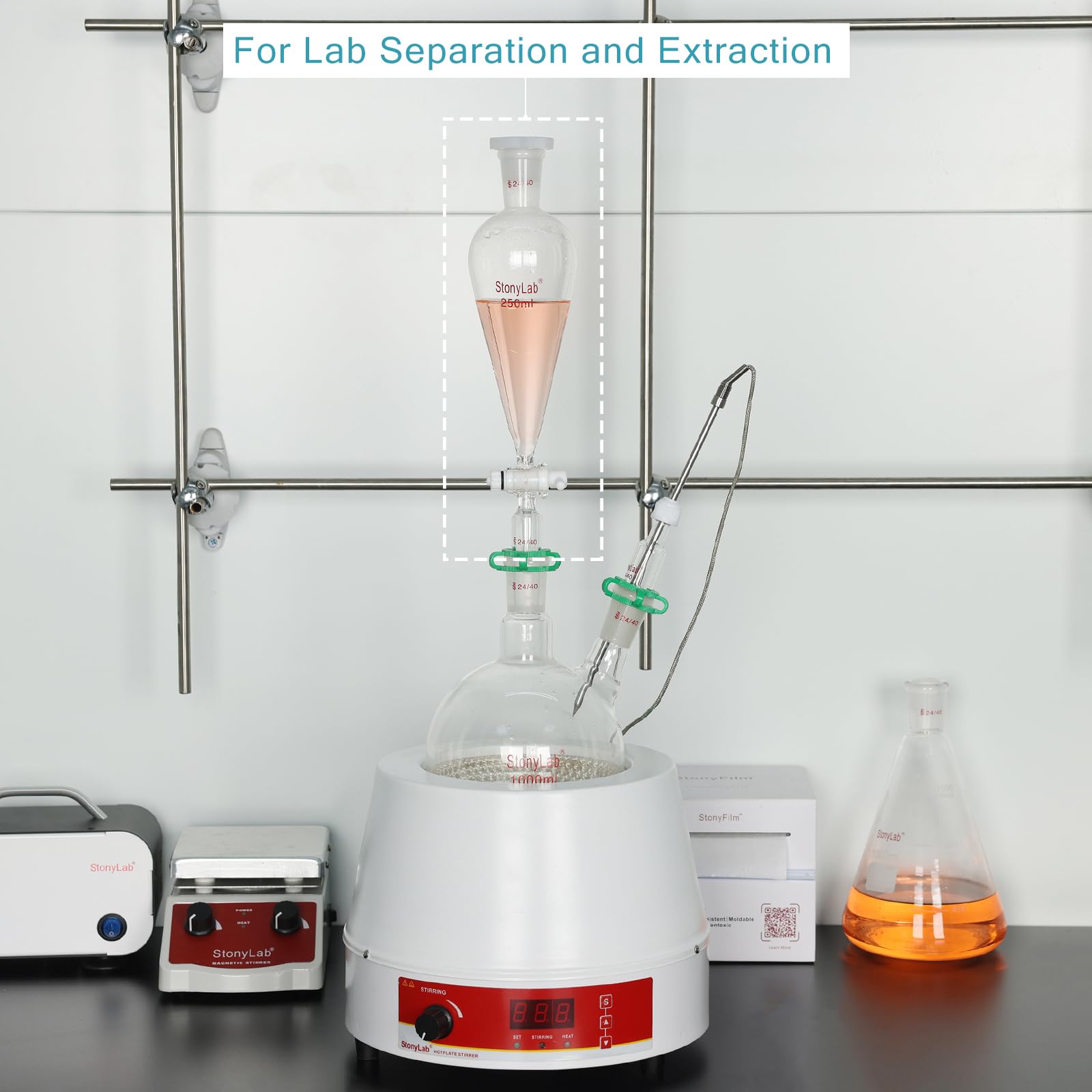 stonylab Imbuto Separatore con Rubinetto di Arresto PTFE, Imbuto Separatore Conico a Forma di Pera da 60 ml in Vetro Borosilicato a Parete Pesante con 24/40 Giunti