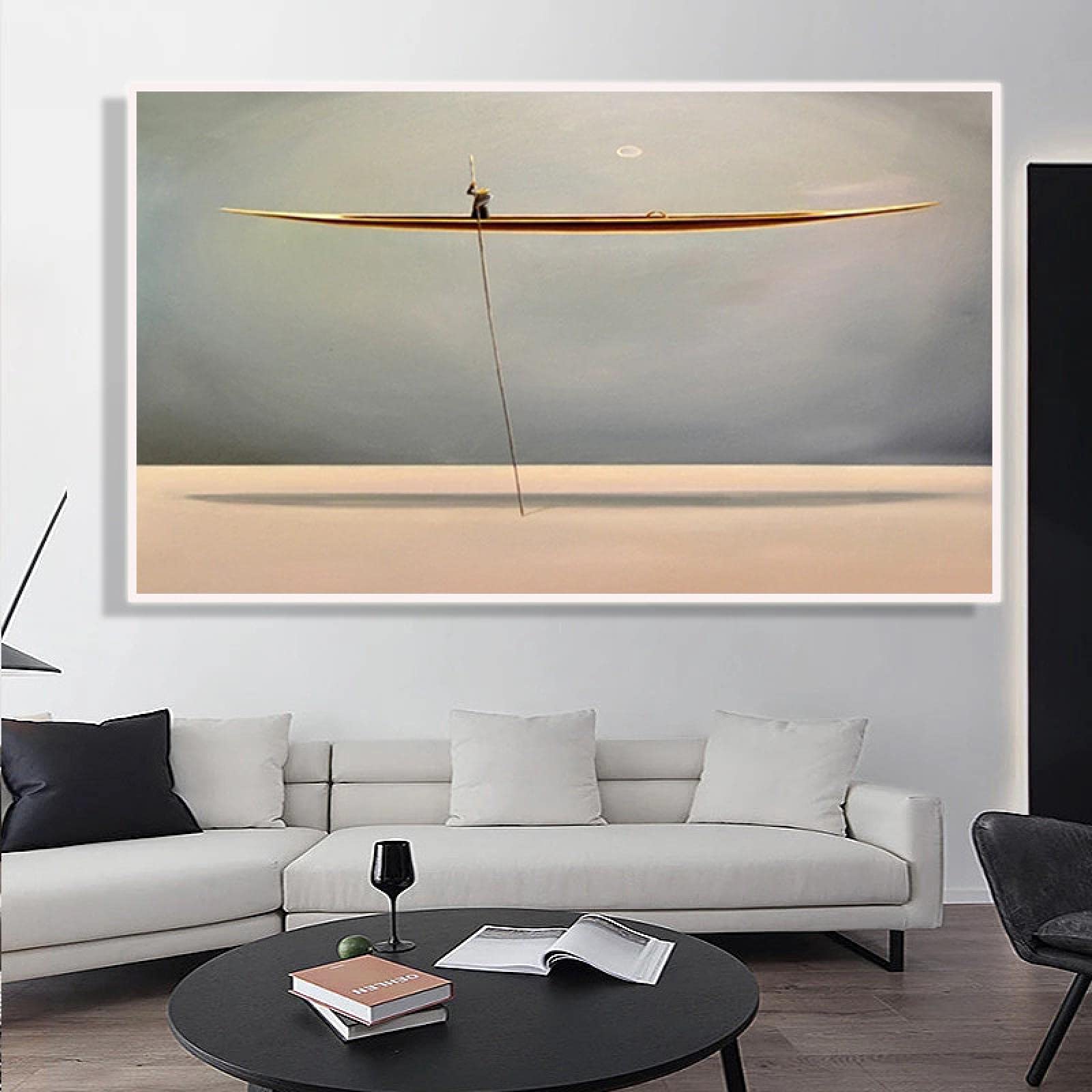 KADING Goldenes Boot Rudern Leinwanddrucke Landschaft Meereslandschaft Leinwand Gemälde Einfaches nordisches Poster Moderne Wandkunst Dekoration Bild 75x100cm(30x39in) mit Rahmen