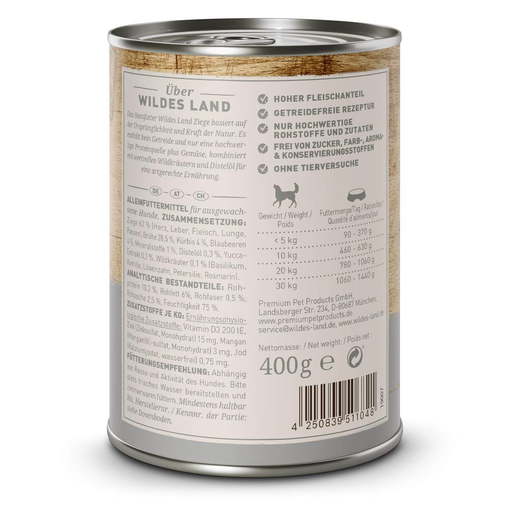 WILDES LAND – Wild | Nassfutter mit extra hohem Fleischanteil und natürlichen Zutaten für ausgewachsene Hunde. Alleinfutter ohne Zusatzstoffe in der Dose | 12x400g Wild
