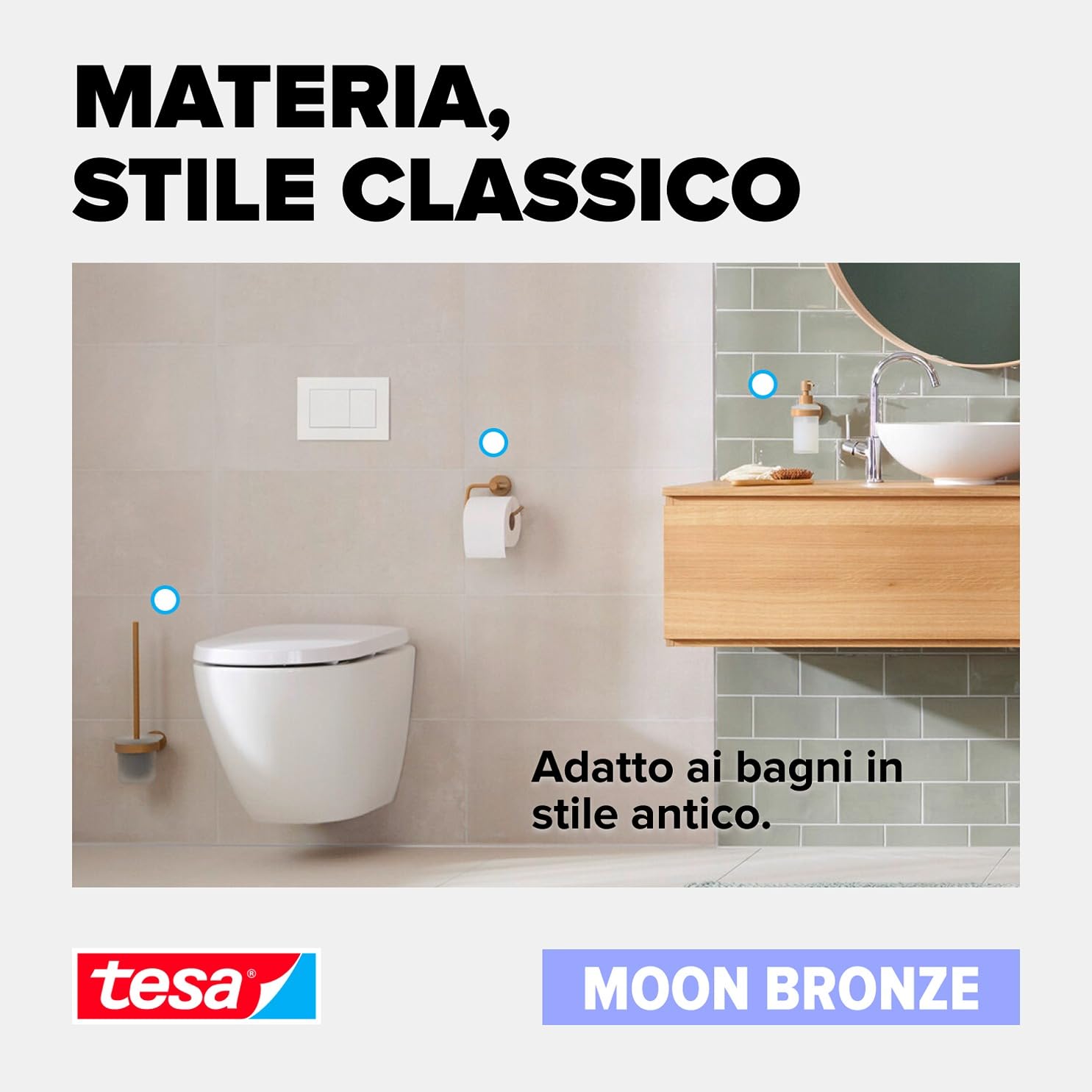 Tesa® MOON Gancio per accappatoio in bronzo spazzolato - Gancio autoadesivo in metallo rivestito in PVD - non richiede foratura, soluzione adesiva inclusa - 50 mm x 65 mm x 53 mm