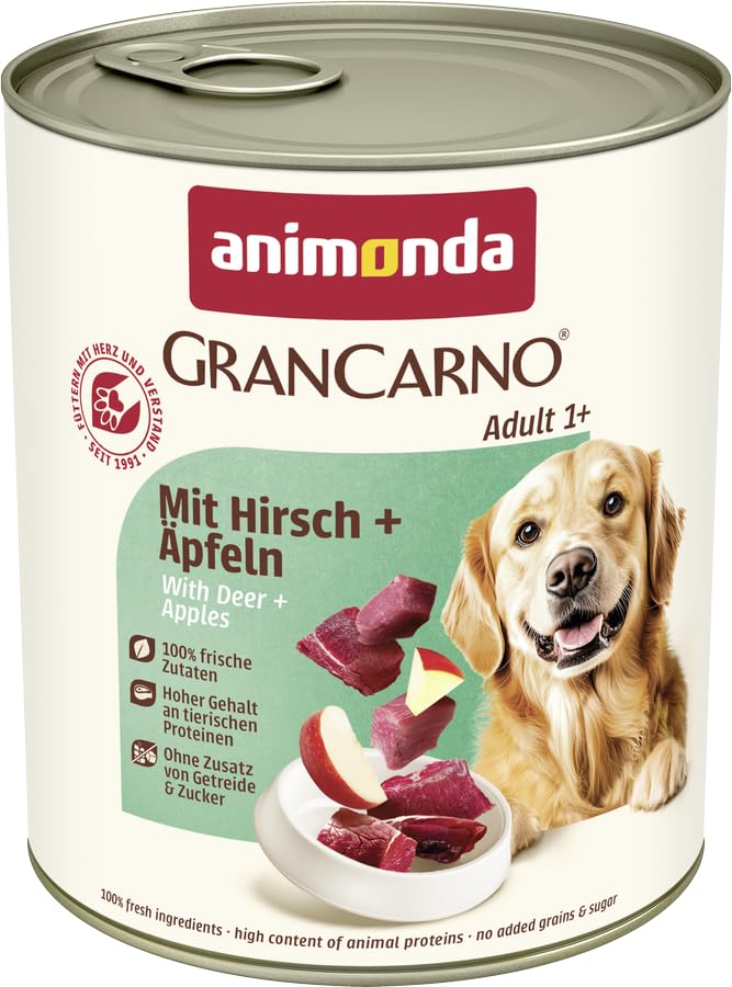 animonda GranCarno Hunde Nassfutter mit Hirsch + Äpfeln (6 x 800 g), getreidefreies Hundenassfutter ohne Zucker, für ausgewachsene Hunde, mit frischen fleischigen Zutaten