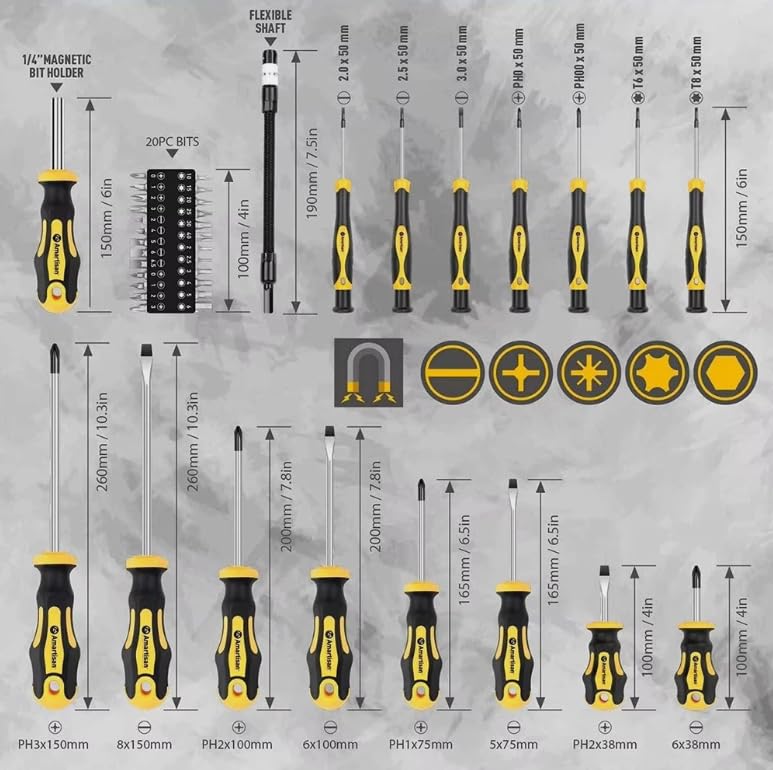 Zestaw wkrętaków magnetycznych z precyzyjnymi bitami Torx, stal chromowo-wanadowa, antypoślizgowy ergonomiczny uchwyt, zawiera etui do przechowywania, do samodzielnego wykonania domu i warsztatu, 42
