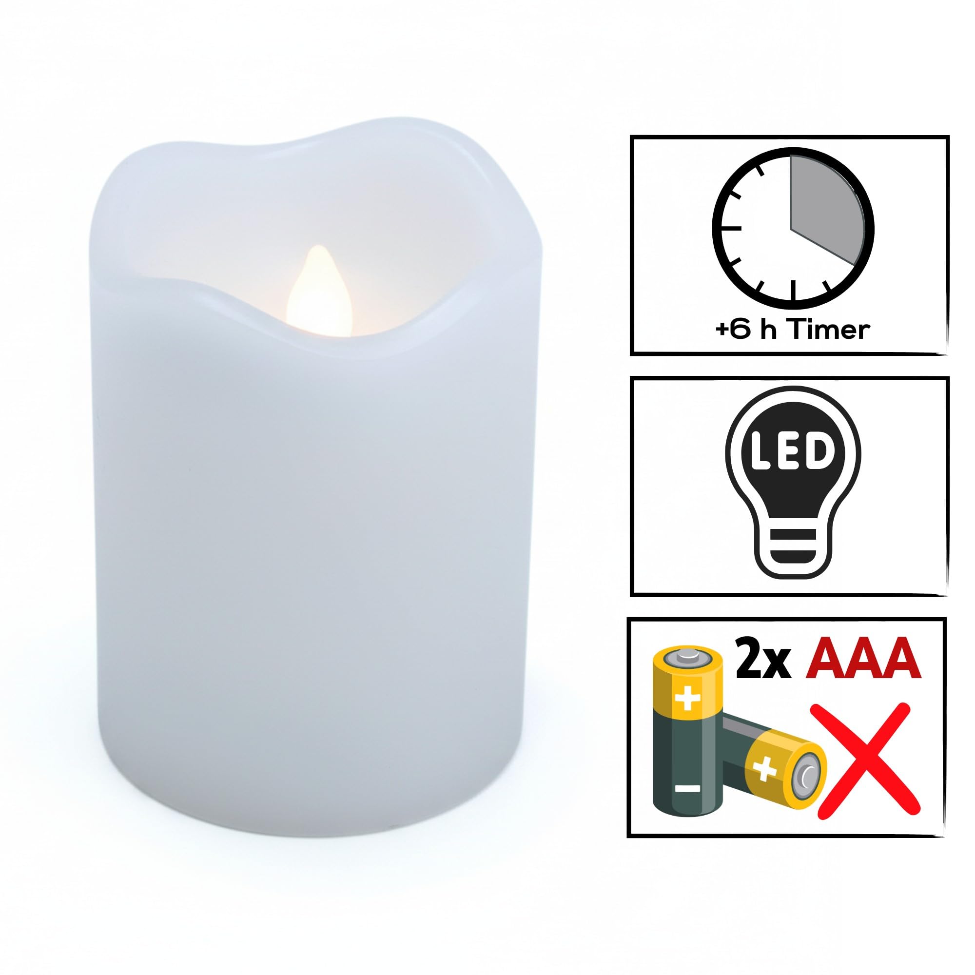 ToCi 4 x led-kaarsen, wit, diameter 7,5 x 12,5 cm, vlamloze echte waskaarsen met timer en zwarte lont, led-pijlerkaarsen voor advent, graflicht en