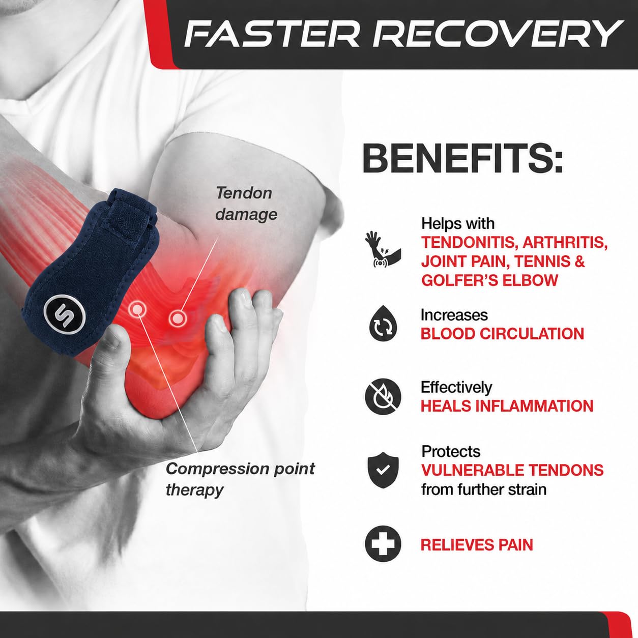 Sleeve Stars - Correa de soporte para codo de tenis, soporte de codo de golfista para hombres y mujeres, cierre de epicondilitis, banda de brazo contrafuerte para alivio y apoyo de tendinitis, con 3