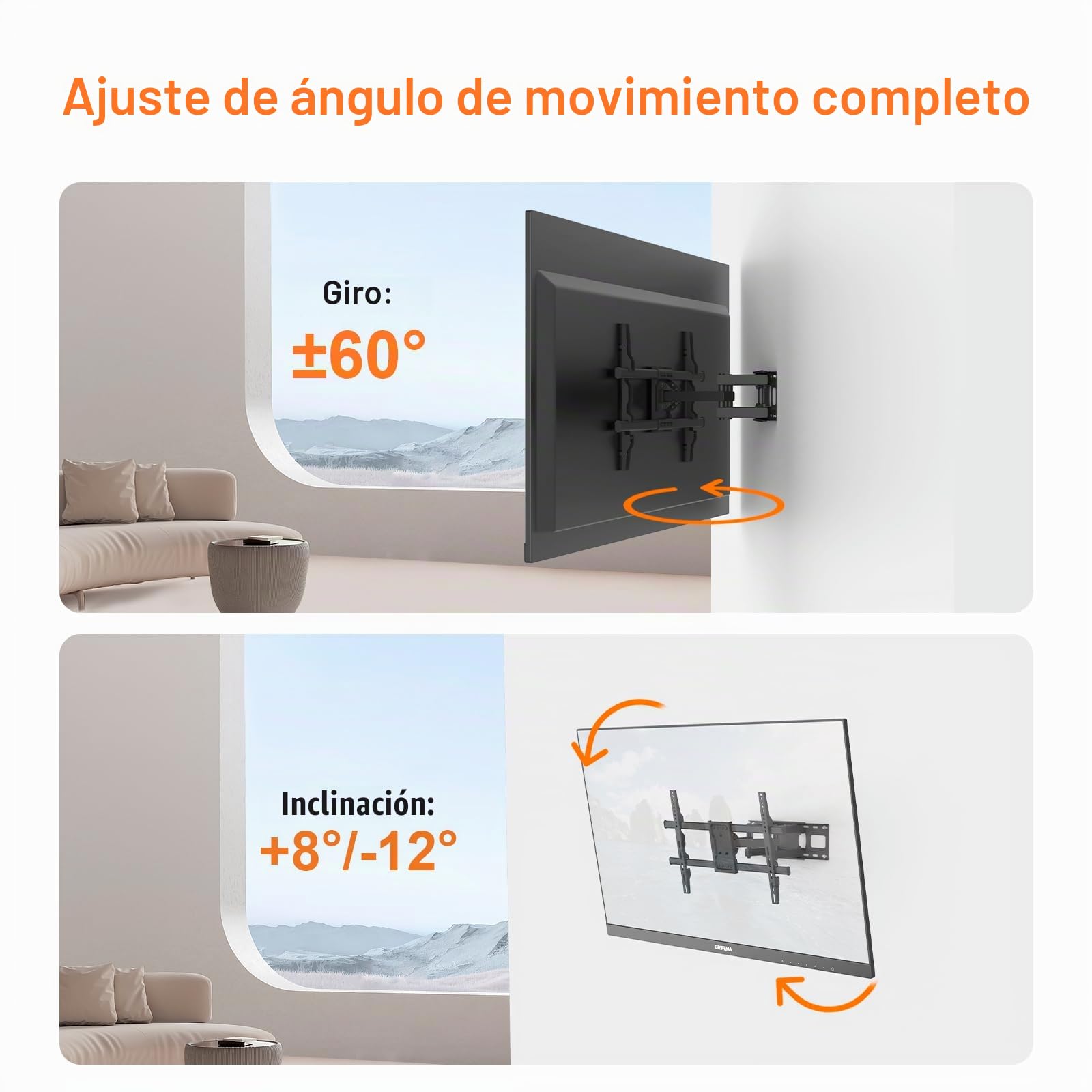 GRIFEMA Soporte TV pared articulado 32-80 pulgadas | Inclinable y giratorio, hasta 60kg, VESA máx. 600x400mm, negro