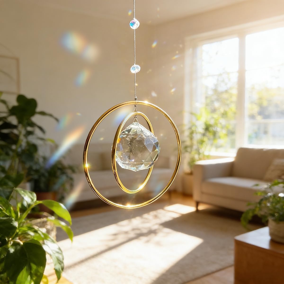Sonnenfänger Kristall für Fenster, Sonnenfänger mit Kristallprisma, Kristall Sonnenfänger mit 2 Messingkreisen, Hängend Suncatcher Kristall für Hängende Wohnzimmer, Balkon und Garten - 3
