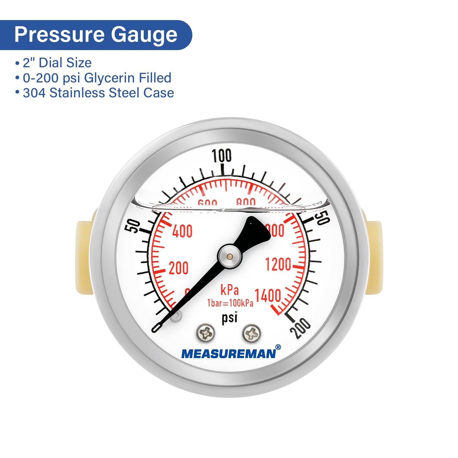 MEASUREMAN Manómetro de presión de empuje para conectar 0-200 psi, acero inoxidable, a prueba de vibraciones, tamaño de esfera de 2 pulgadas, con T de fontanería de ajuste a presión de 1/2 pulgada