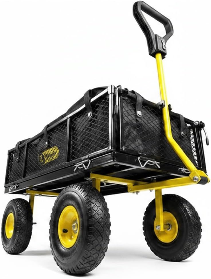 Poly Dump Cart Trolley 80L Garden Tipping Wheelbarrow 250kg Utility Truck Trailer Steel Frame Heavy Duty Festival Outdoor Tools Plants 4 Wheels Yellow (RWMGT1)