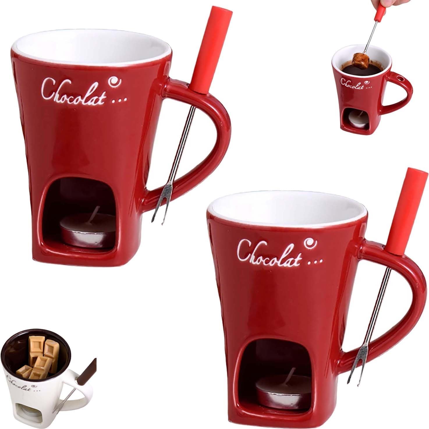 Chocolate Fondue Mug, Fondue Mugs with Forks, Ceramic