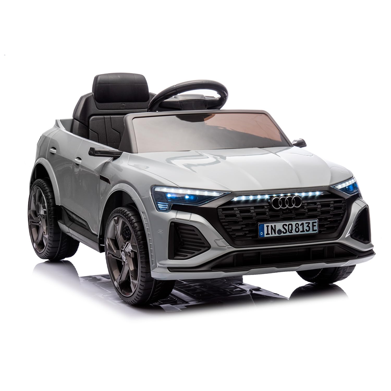 BRICOZONE Auto Elettrica per Bambini Audi SQ8 E-Tron 12V con Telecomando Parentale Soft Start Sedile in Pelle Ruote EVA Luci LED MP3 Porte Apribili Grigio