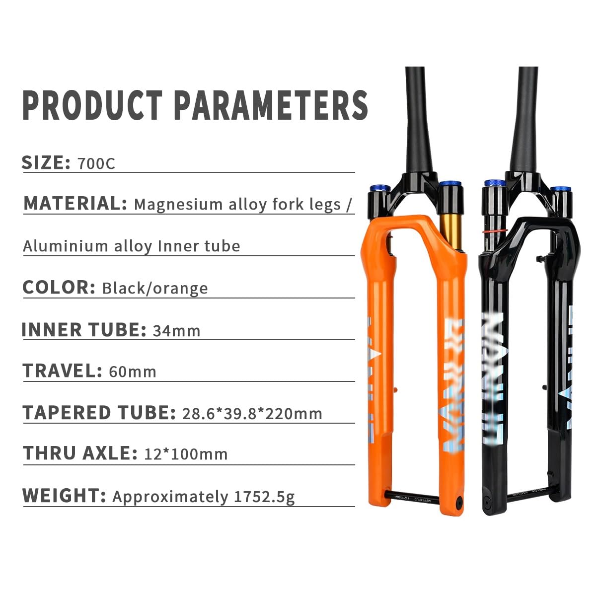700C Rennrad-Federgabel 1-1/2'' Konisches Rohr Gravel-Gabeln 60mm Federweg Luftfedergabel XC Scheibenbremse Fahrrad-Vorderradgabel 100 * 12mm Steckachse Fahrradgabeln