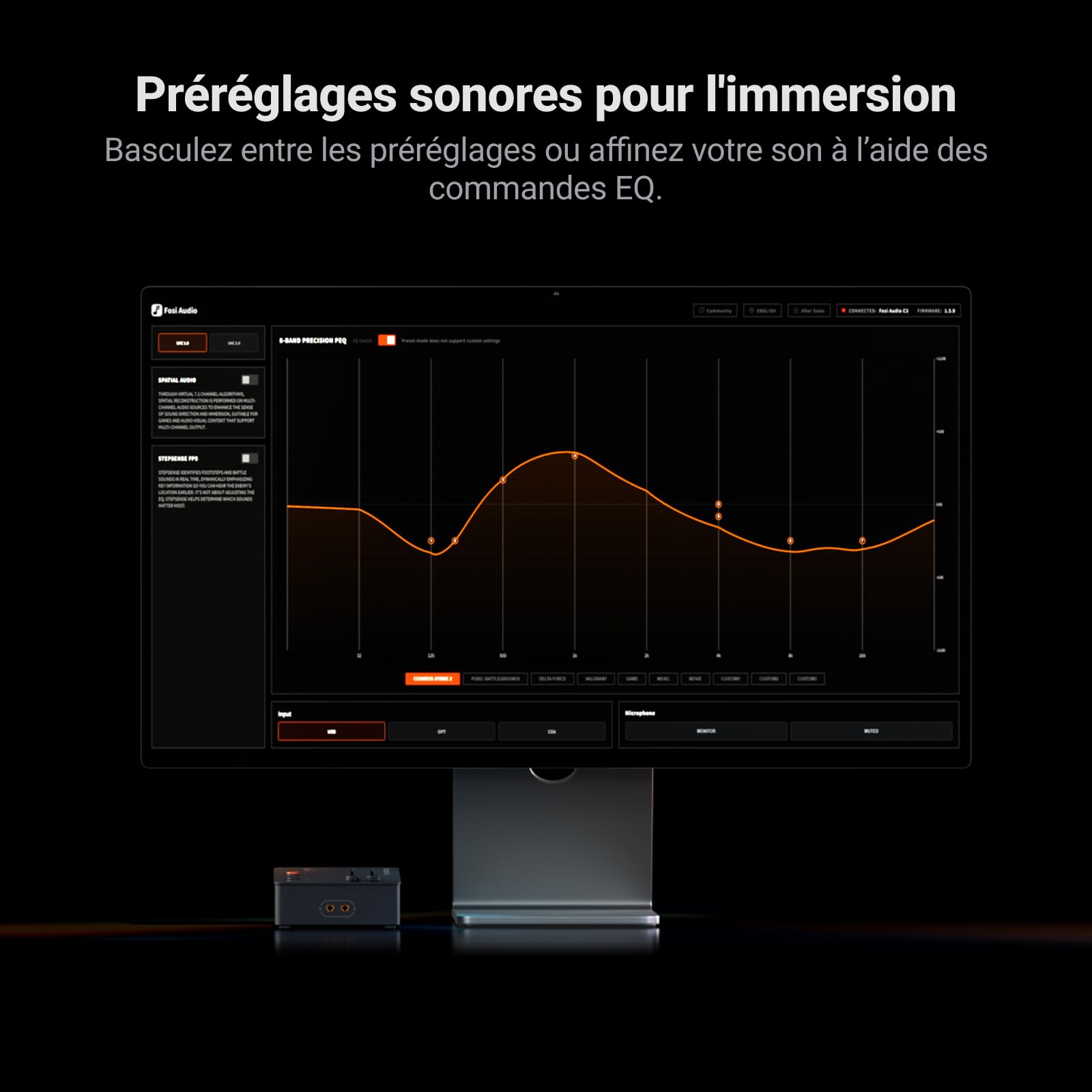 Fosi Audio C3 Gaming DAC, Carte Son Externe USB avec Footstep Enhancement et Son Surround 7.1, Microphone Antibruit pour Le Jeu FPS, Puce XMOS Hi-FI, PCM 384 kHz / DSD256 pour PC/PS5/Switch