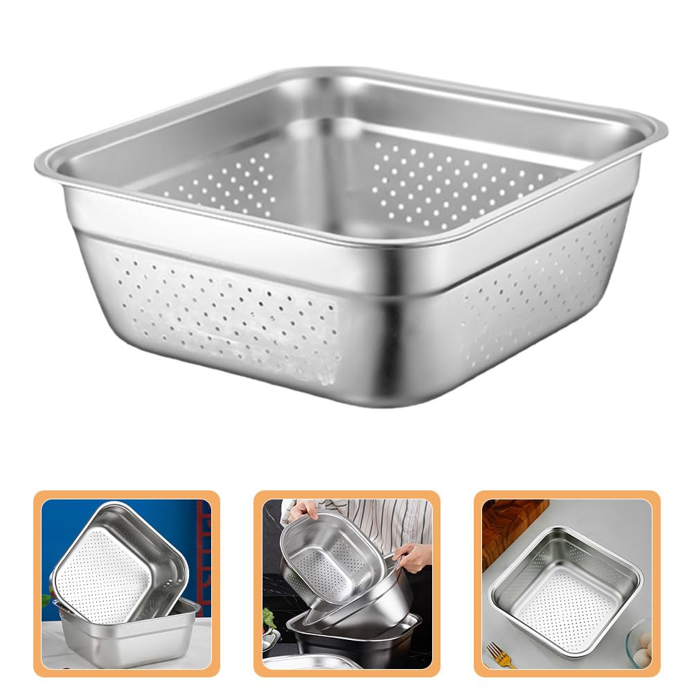 Cabilock Lavabo de acero inoxidable para verduras, colador cuadrado de 11.42 pulgadas con agujeros de drenaje de gran capacidad, colador de cocina para frutas, pasta y arroz