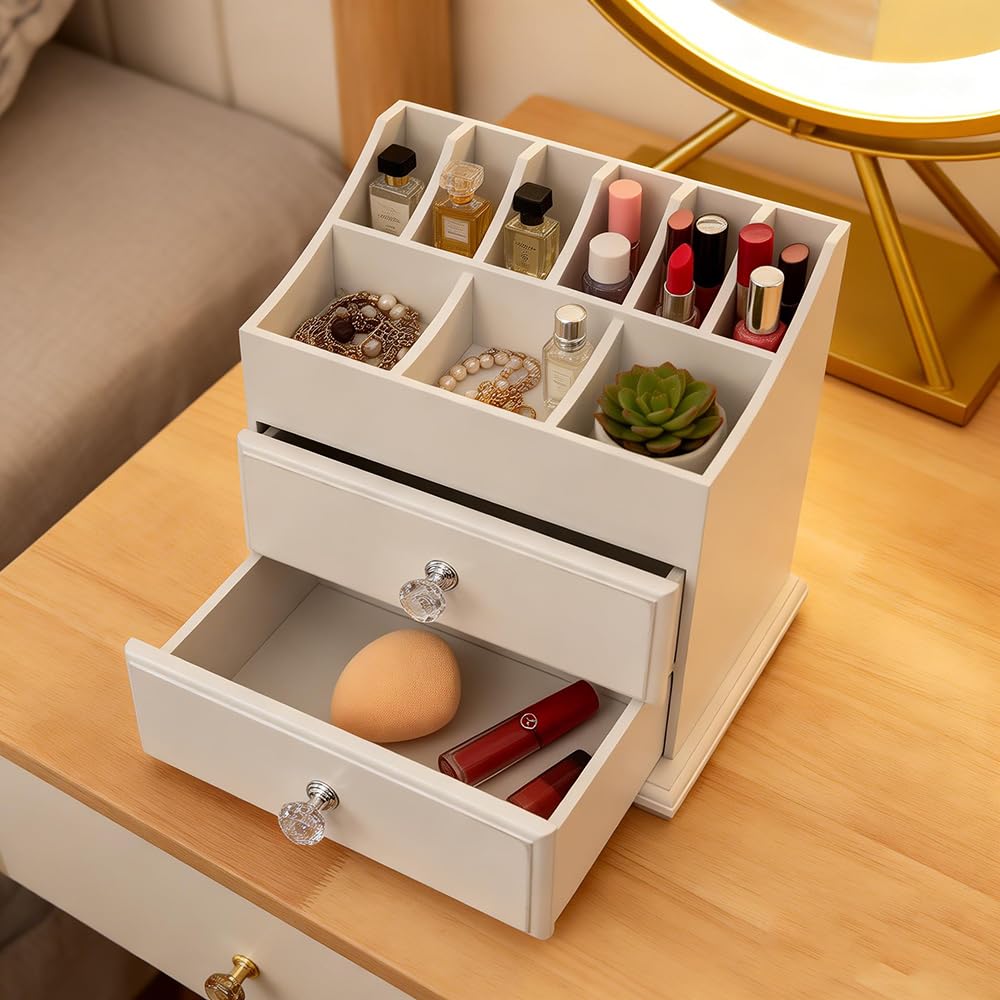 Weißer Kosmetik-Organizer aus Holz für Make-up und Beauty-Accessoires, Aufbewahrungsregal mit Schubladen für ordentliche und organisierte Aufbewahrung von Make-up-Werkzeugen