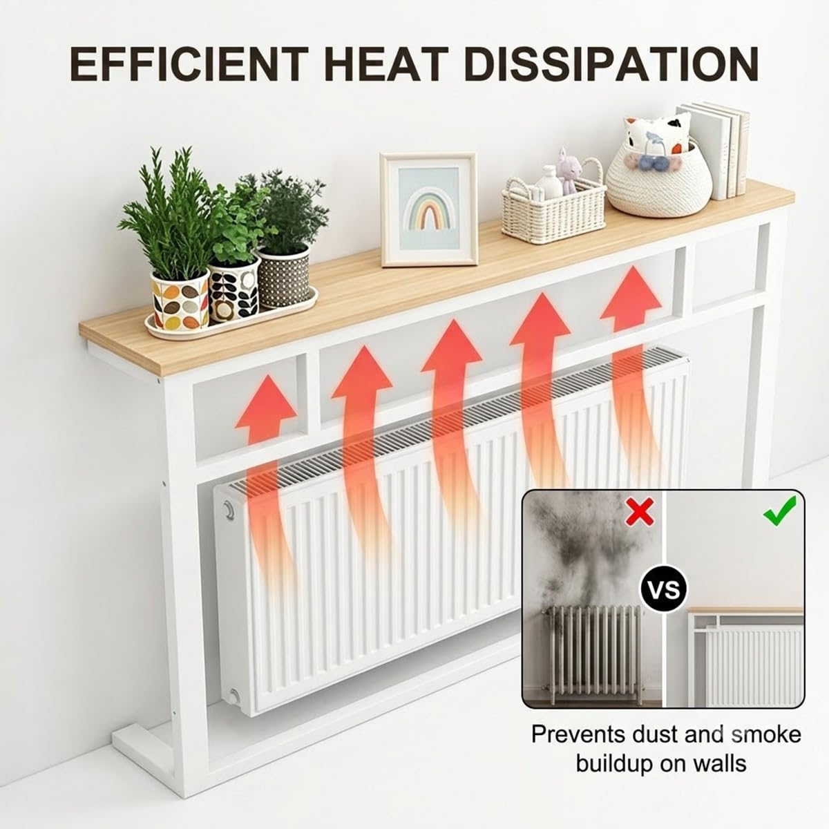 Étagère de radiateur blanche avec dessus en acier et dessus en bois massif – Dissipation efficace de la chaleur, assemblage facile, parfait pour les petits et les appartements – 200 x 15 x 89,9 cm