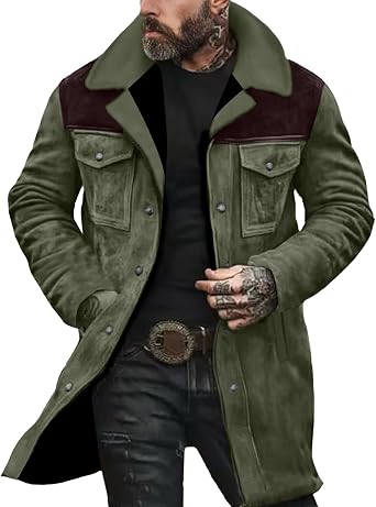 Mens Western Cowboy Vintage Suede Jacket Plush Collar Coats Faux Leather Winter Long Jackets Zip Up Casual Retro Tops