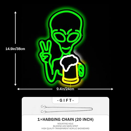 Miniatura 5 de Letrero de neón alienígena verde, luz de neón de cerveza, luces LED regulables para decoración de pared, luces iluminadas para dormitorio, cueva de