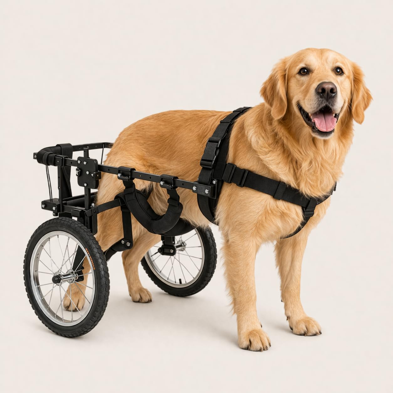 Silla de Ruedas para Perros Grandes, Pastor Alemán, Golden, Labrador Retriever y similares. Ruedas Todo Terreno. Con Faja Abdominal, Fabricada en España. Muy Ligera y Resistente.