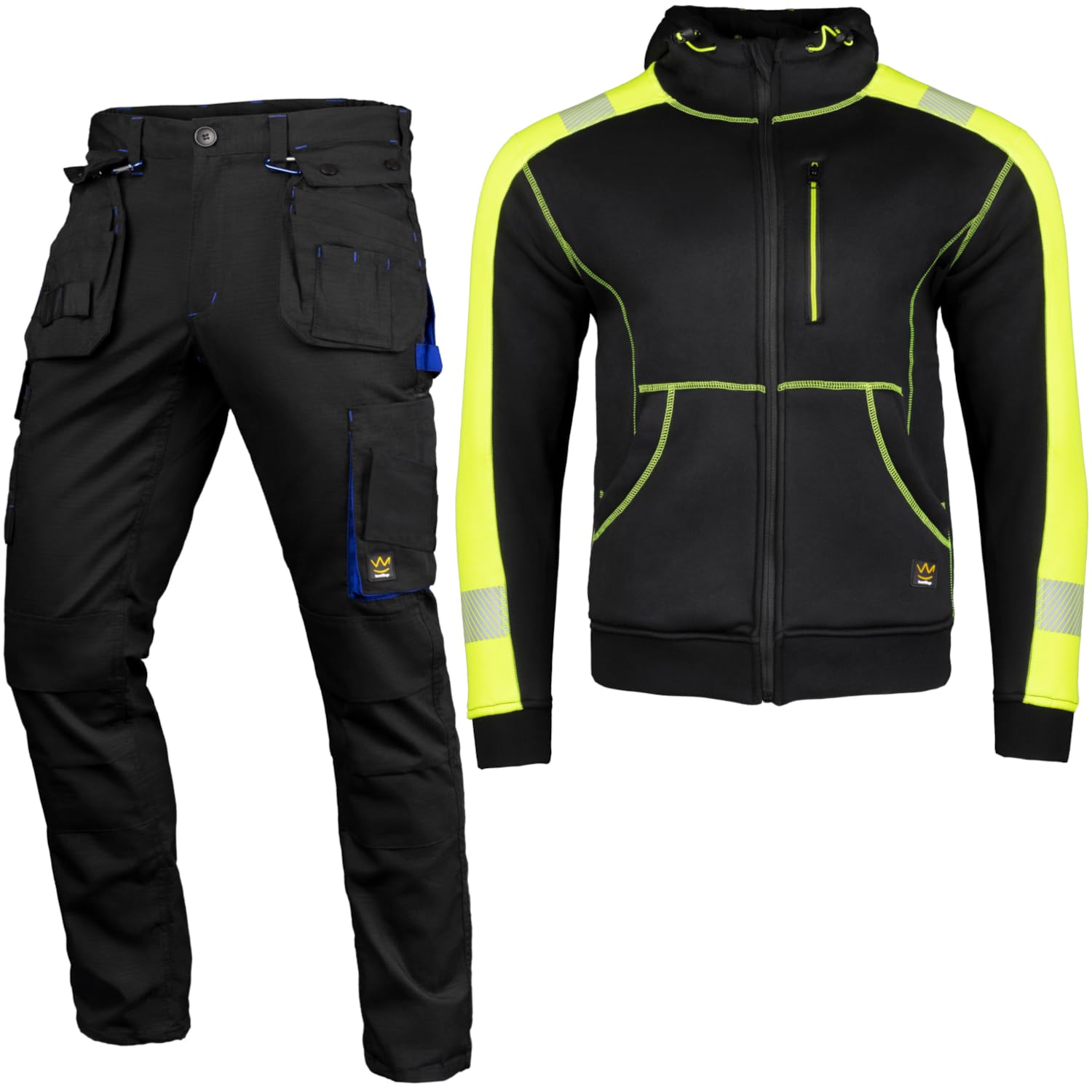 Seven Kings Arbeitshose Herren Schwarz (56) und Kapuzenpullover (XL) mit Kapuze Set - komplet Schutzkleidung für den Bau und für Mechaniker - viele Taschen für Handy, Werkzeug und Alltagsbedarf