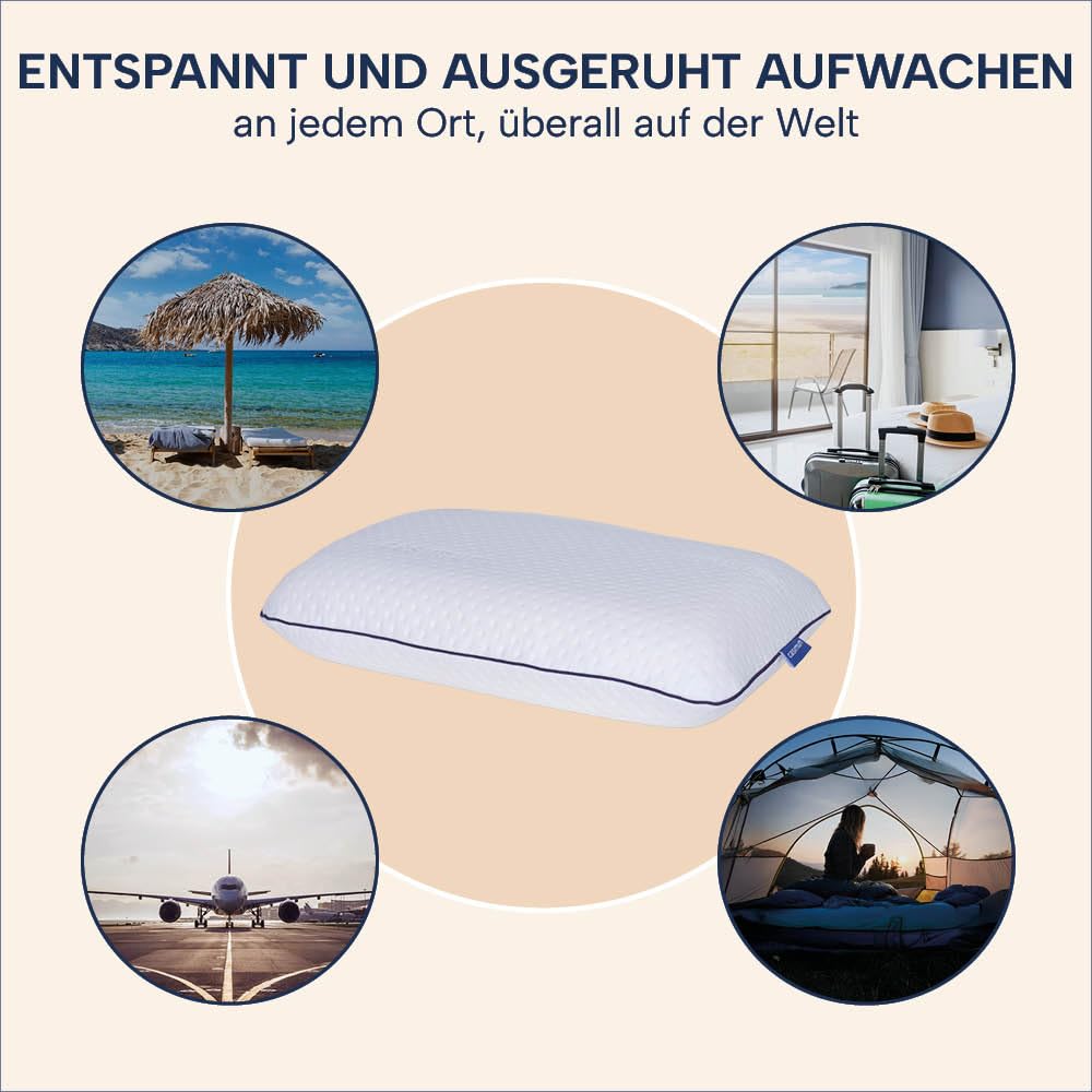 Reisekissen Memory Foam, kleines ergonomisches Reise Nackenkissen 40x25x10 | Kleines Kopfkissen für Reisen im Flugzeug, Auto, Zug, Hotel & Camping, Reisekissen Nackenstütze, aufrollbar, orthopädisch