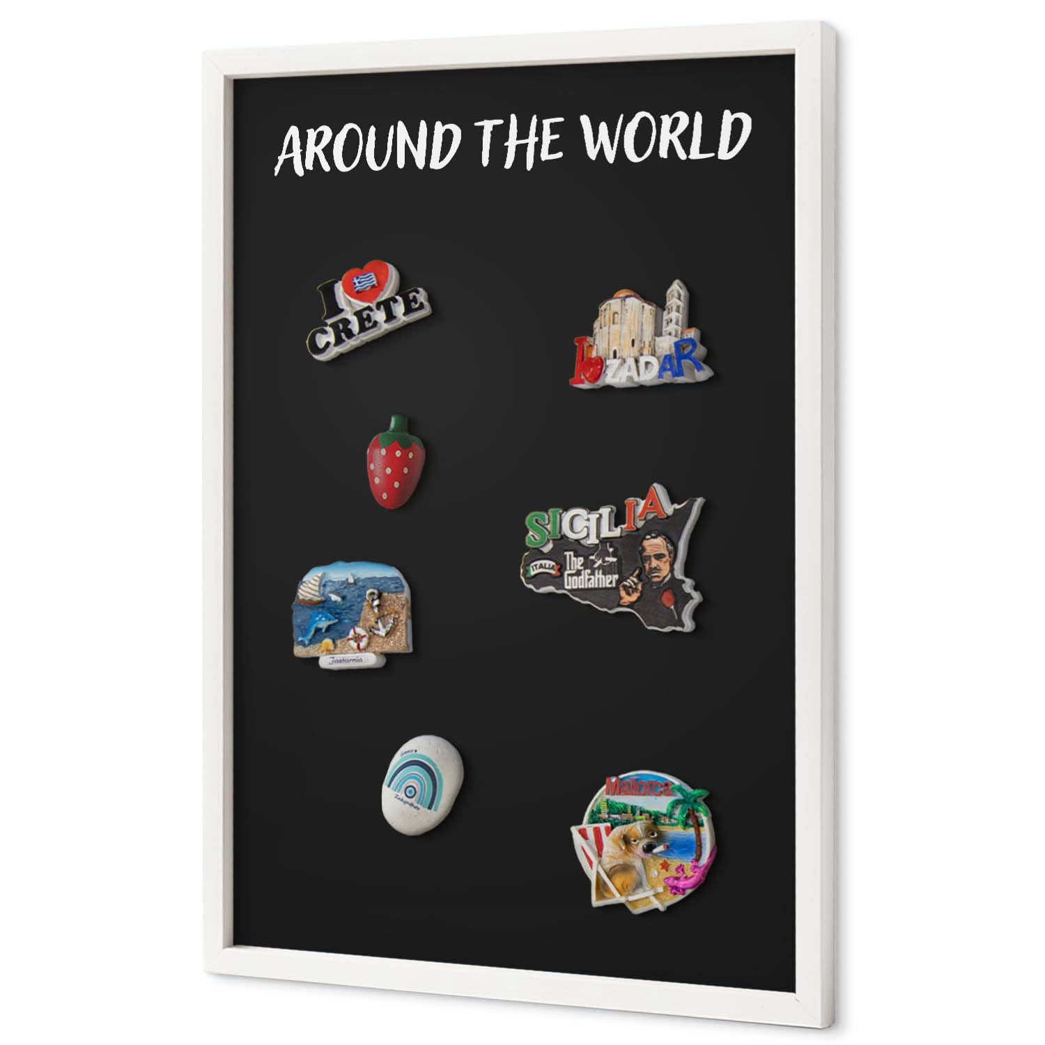 Pizarra Magnética de Pared 40x60 cm | con Marco Blanco | Around The World | Montaje Fácil | Tablero Imantado | Para Imanes Turísticos, Recuerdos de Viaje y Fotos | Decoración para Salón o Pasillo