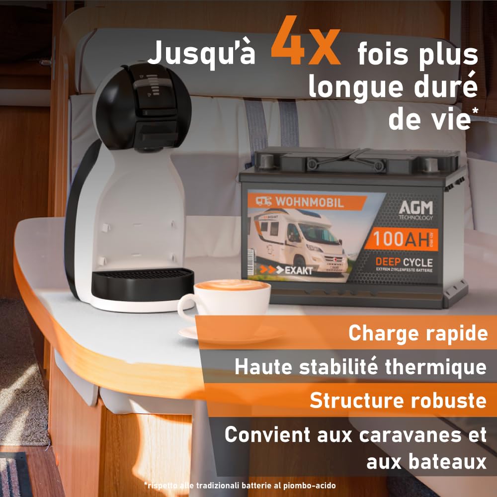 EXAKT Batteria AGM 100Ah 12V batteria per Camper Caravan Sistemi Off-Grid Pannelli Solari Barca resistente ai cicli Sigillata Senza Manutenzione