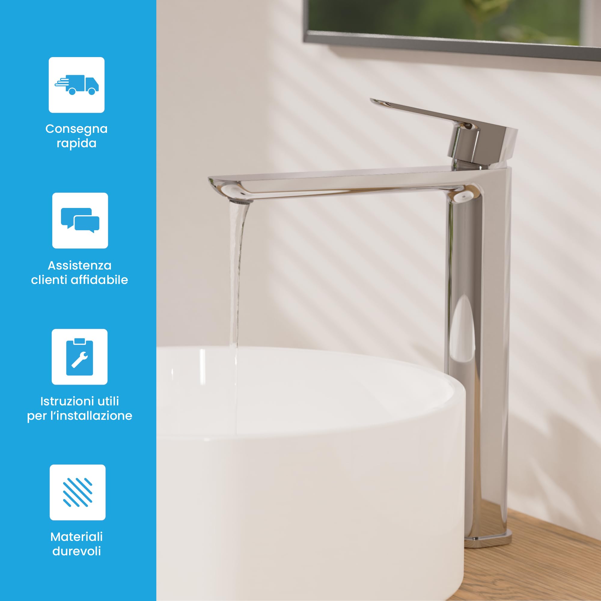Bächlein - Miscelatore per bagno Mizarela in stile classico, monocomando per lavabo da appoggio con cartuccia in ceramica duratura e set di montaggio, rubinetto per bagno cromato - erogatore piatto