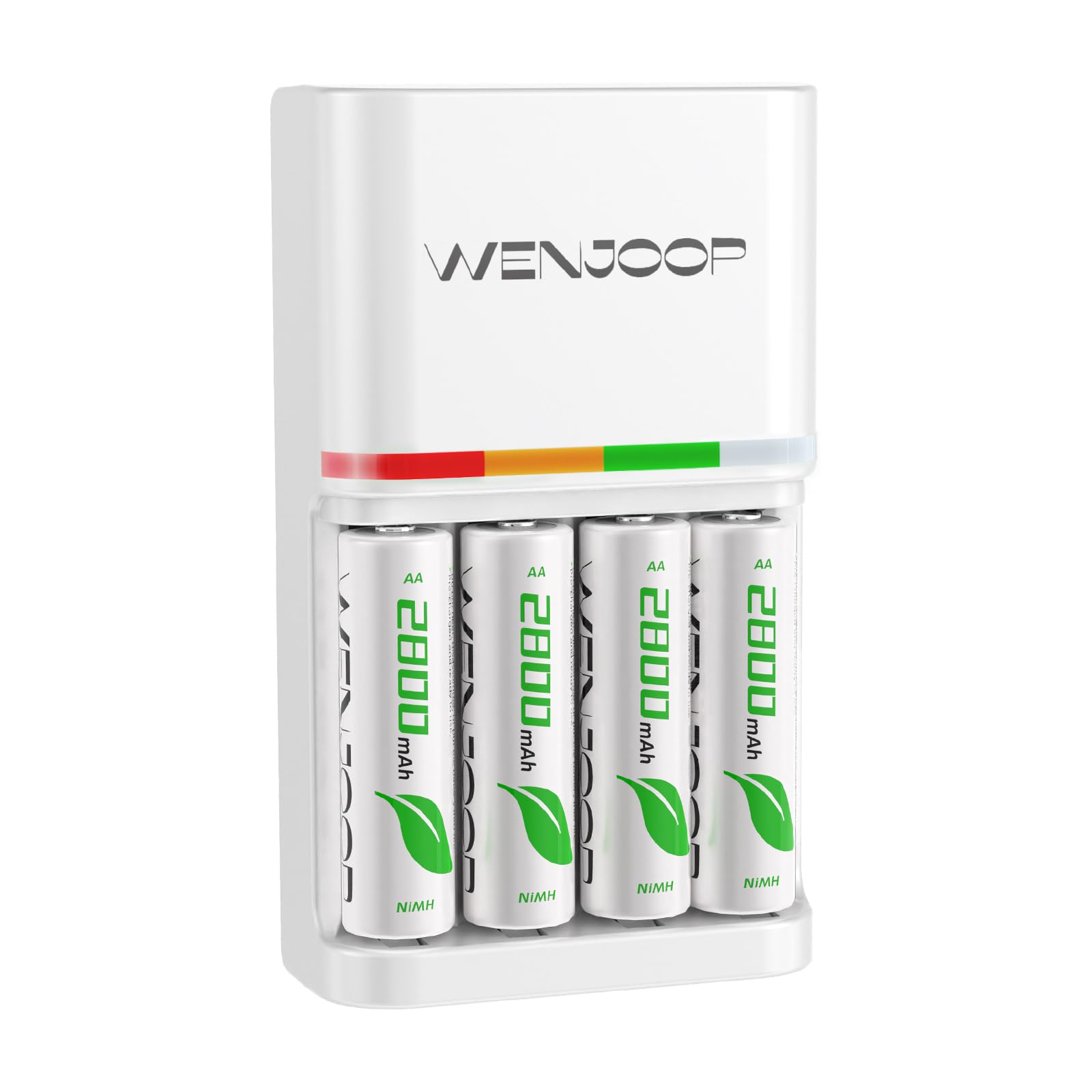 WENJOOP 4-Slot AA/AAA NiMH Charger, Includes 4 Pack 2800mAh AA Rechargeable Batteries, Fast Charge 3.5H, LED, Foldable AC Plug
