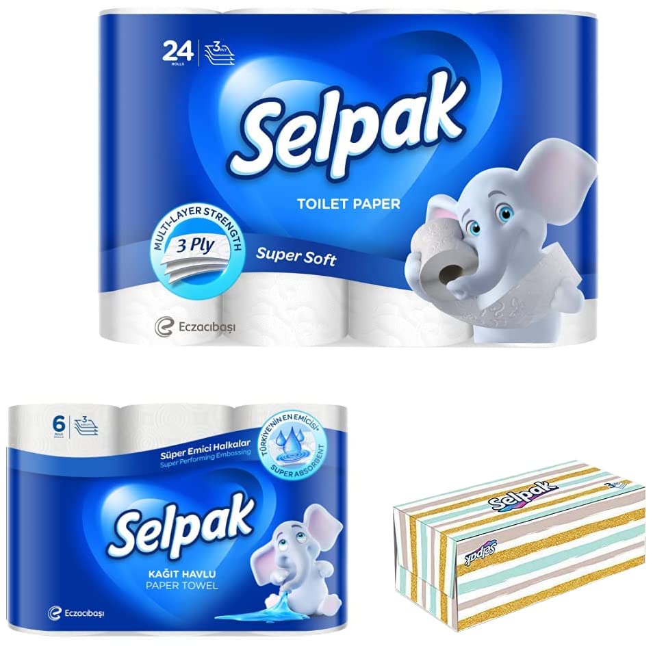 Image of SELPAK Toilet Roll 3ply (24 Rolls /Pack) & Imported Paper Towel Kitchen Roll 3 Ply - 6 Rolls & Facial Tissue Box Maxi -3 ply - 100 sheets