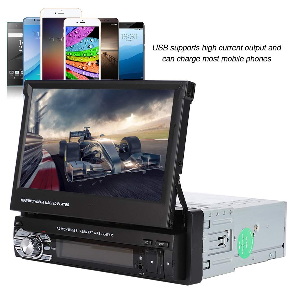 7In Multimedia Car Stereo, Stereo-Single Din Retractable Bluetooth Car MP5 Audio Video Player Receiver, Support Reversing Video Input, with FM Radio