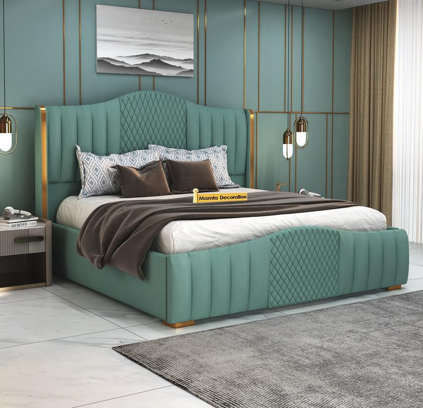 Image of MAMTA DECORATION Solid Wood King Size Bed for Bedroom with Box Storage | Premium Velvet Upholstery Double Bed with Tufted Headboard | Modern Palang Cot Bed for Home, Hotels & Guest Room | Greendust