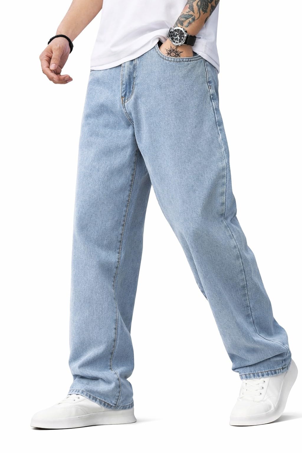 Indivane Men's Loose Fit Baggy Jeans | Mid Rise Light Blue Denim | Comfortable & Stylish Streetwear Jeans-picture-43