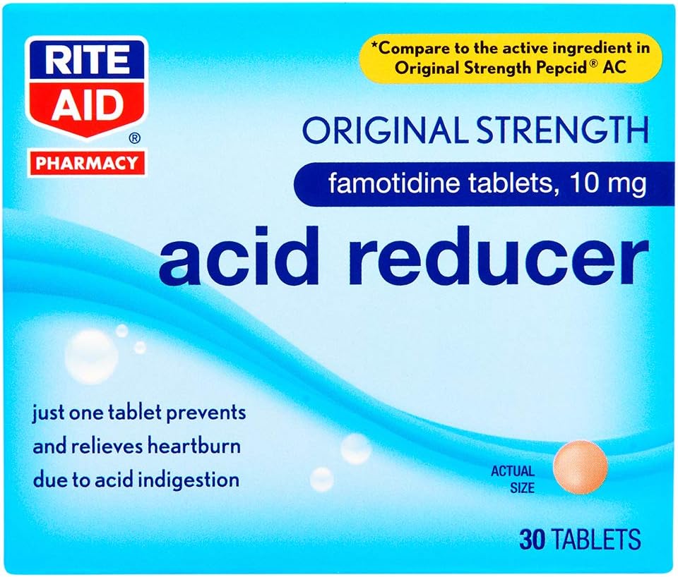 Rite Aid Acid Reducer, Original Strength Famotidine Tablets, 10 mg - 30 Count Total | Heartburn Relief | Acid Reflux | Antacid Chews & Tablets, Heartburn Chews & Tablets