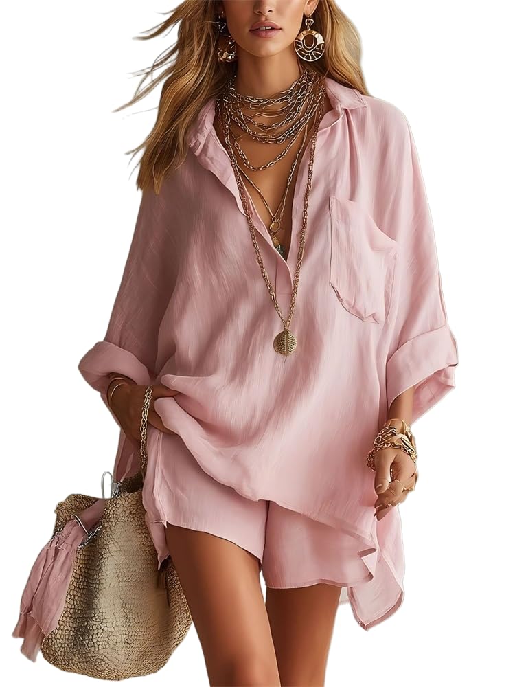 Hosenanzug Damen Zweiteiler Sommer Outfit mit Langarmhemd und Shorts Lockerer Freizeitanzug mit Taschen für Strand Alltag und Reisen