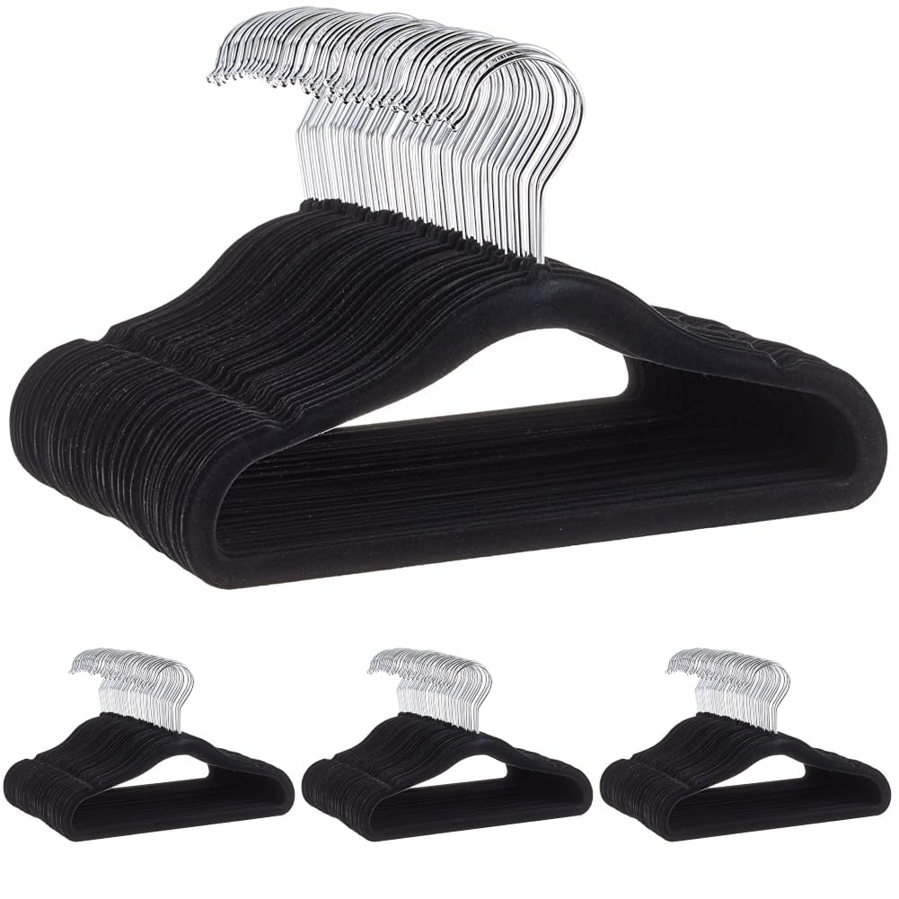 Amazon Basics Kids Space Saving Velvet Non-Slip Clothes Hangers with Shoulder Notches for Infant and Toddler, 11.6", Black, 200-Pack