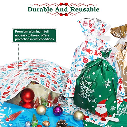 Large Gift Wrapping Bags, Godmorn 30Pcs Xmas Present Wrapping Bag with Ribbon Ties 4 Sizes 4 Pattern, Gold Blue White Green, Big Holiday Treats Party Favor Pouch Goody Bag