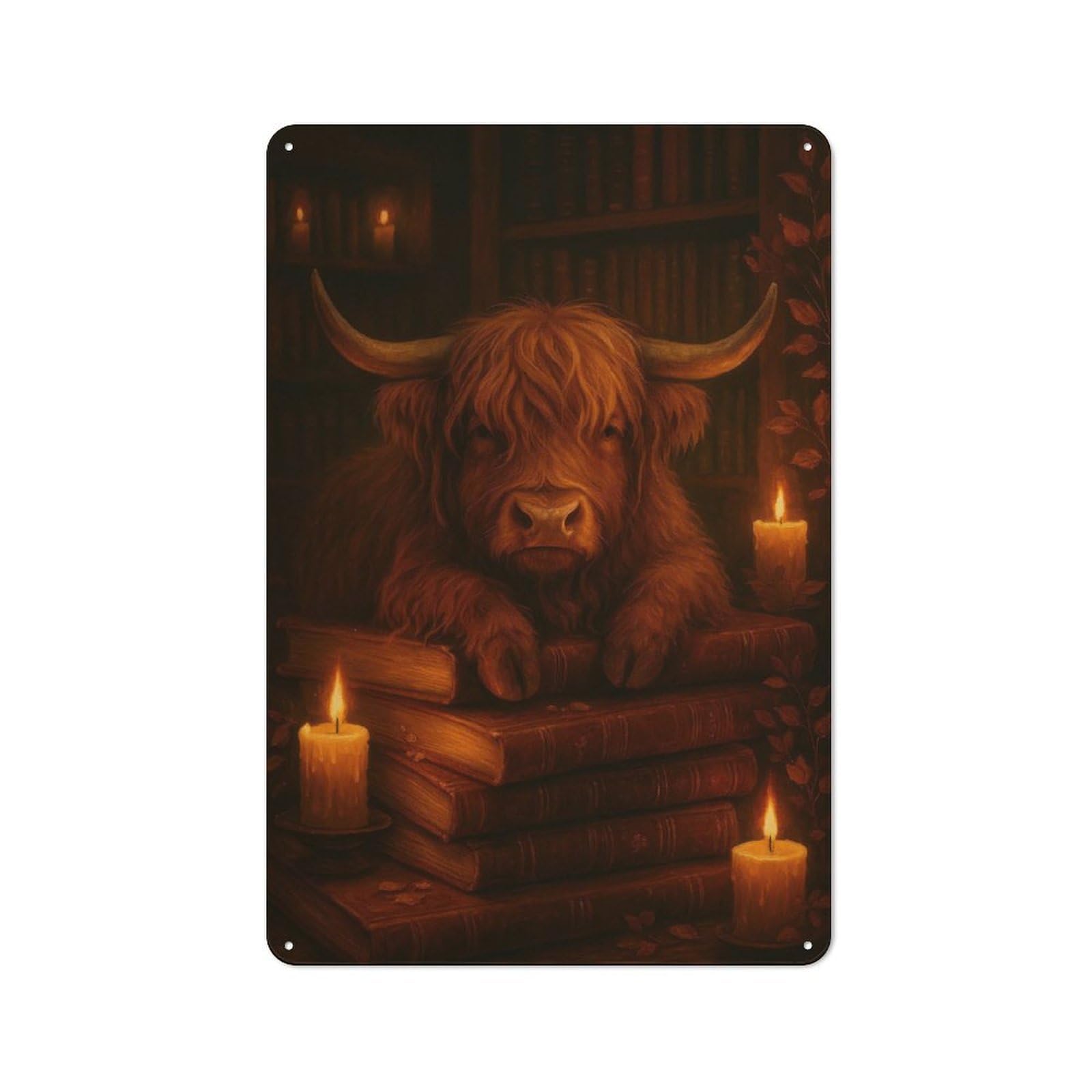 Nostalgic Highland Cow Resting on Books Decorative Tin Sign 30x20cm, Vintage Wall Decor for Lounge, Study, Pub Or Wall Gallery