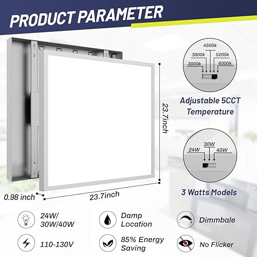 Miniatura 5 de Allsmartlife Paquete de 2 luces LED de 2 x 2 para pantalla plana, 24 W30 W40 W, regulables 5CCT 3000K-6000K, accesorios de techo LED empotrados de