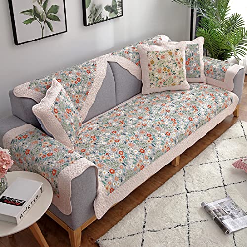 Vctops Farmhouse Country Floral Couch Sofa Covers Flower Pattern Cotton Quilted Sectional Couch Cover Non Slip Soft Comfy Sofa Slipcovers Furniture Protector (Grey Floral,43"X63") #TOP3
