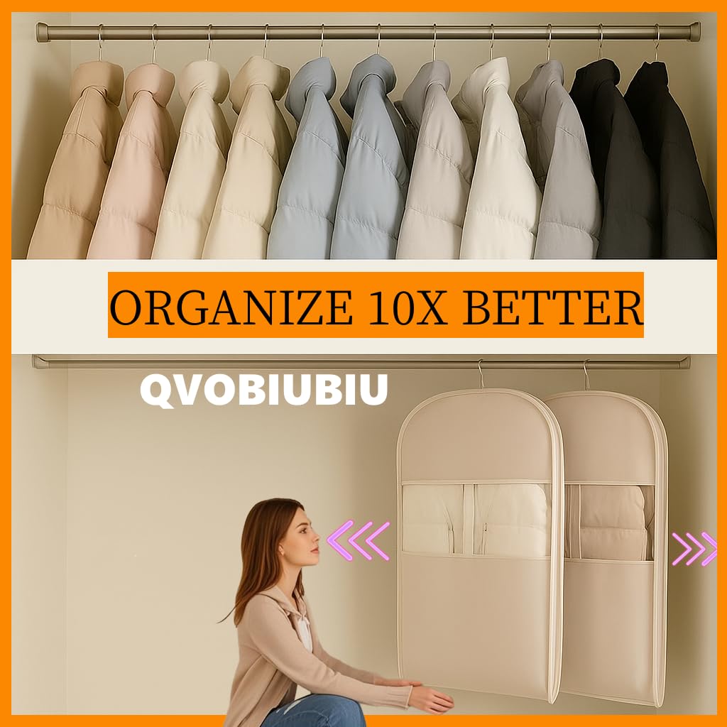 2025 Space Saving Hanging Garment Bag with Self Compression Zipper, Otherwise Space Saving Garment Bag for Down Coat, Hanging Storage Bags for Clothes (Beige,XL)