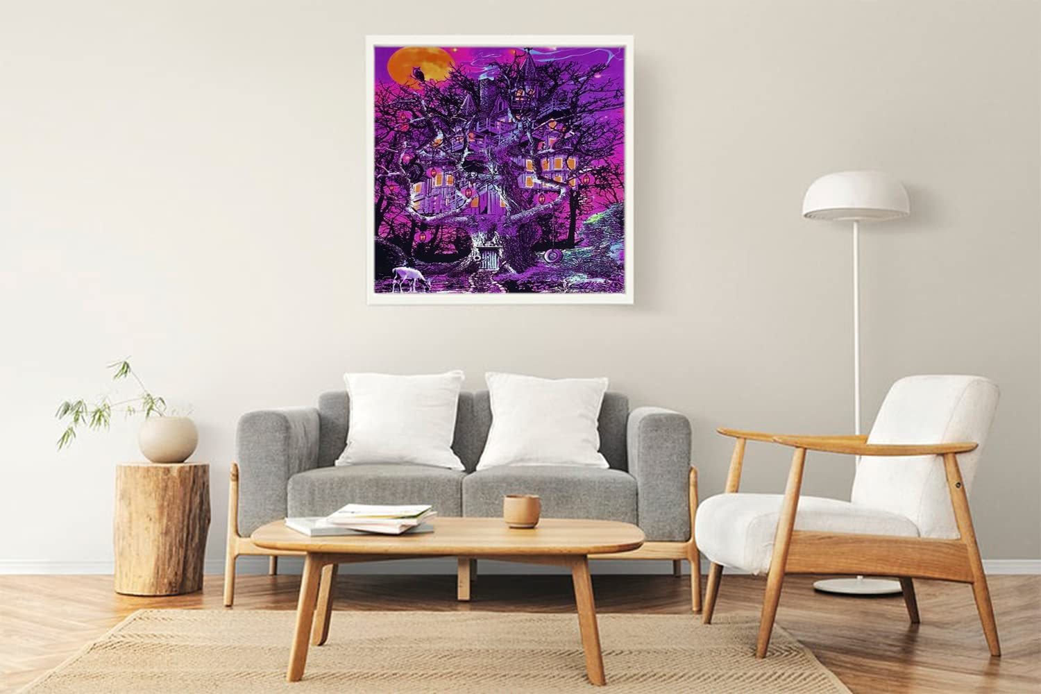 VERRE ART Printed Framed Canvas Painting for Home Decor Office Wall Studio Wall Living Room Decoration (22x22inch White Floater) - Treehouse 214