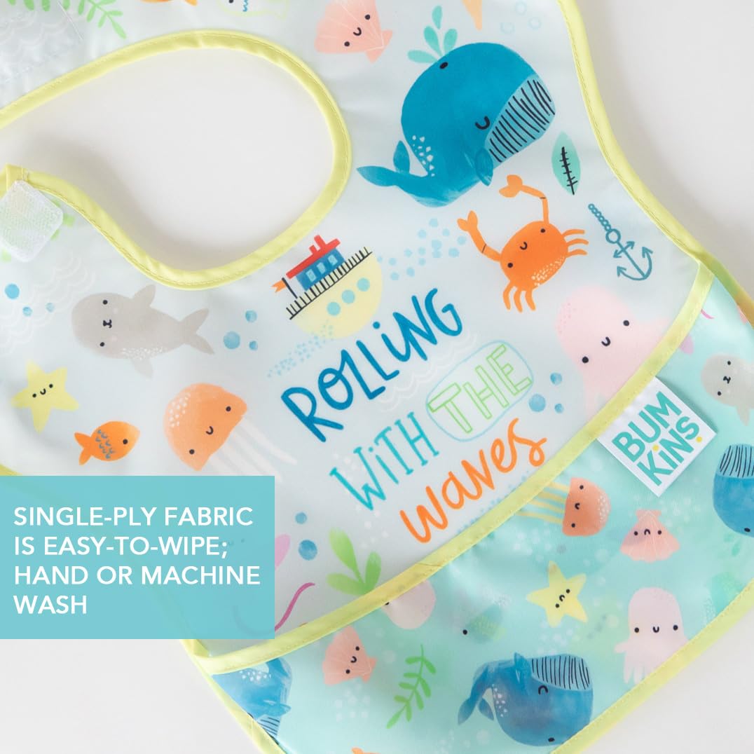 Bumkins SuperBibs Lätzchen mit Ärmeln, für Jungen und Mädchen, Babys und Kleinkinder von 6–24 Monaten, leicht, langlebig, wasserdicht, mit Fangtasche, waschbar und maschinenwaschbar, Ocean Life
