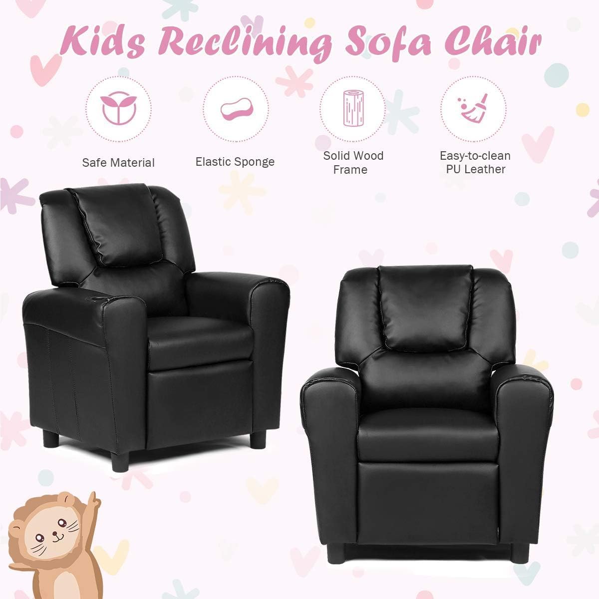 Adjustable Recliner Kids Chairs with Footrest & Backrest,Comfy Toddler Lounge Armchair for Age 3+, Single Sofa Couch w/Cup Holder,Lazy Boy Chair for Children Boys Girls,Kids (PU, Black)