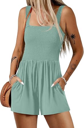 Women Summer Casual Smocked Sleeveless Romper Square Collar Flowy Short Jumpsuit Beach Outfits with Pockets