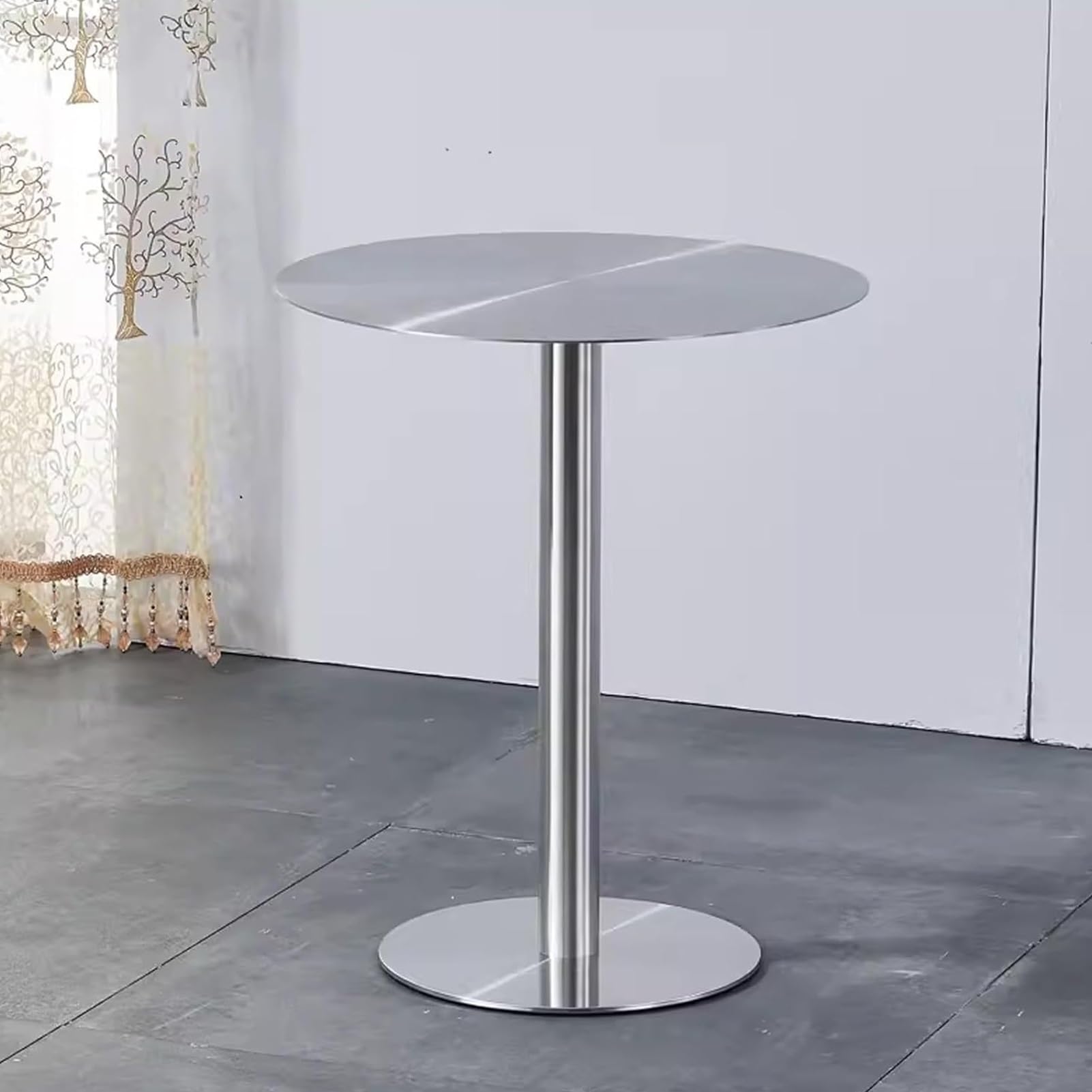 Table de bar ronde avec plateau en acier inoxydable argenté et base robuste, grande table ronde pour bar à cocktails, pub, café, thé, salle à manger, bistro, table d'extérieur/table d'appoint/patio, b