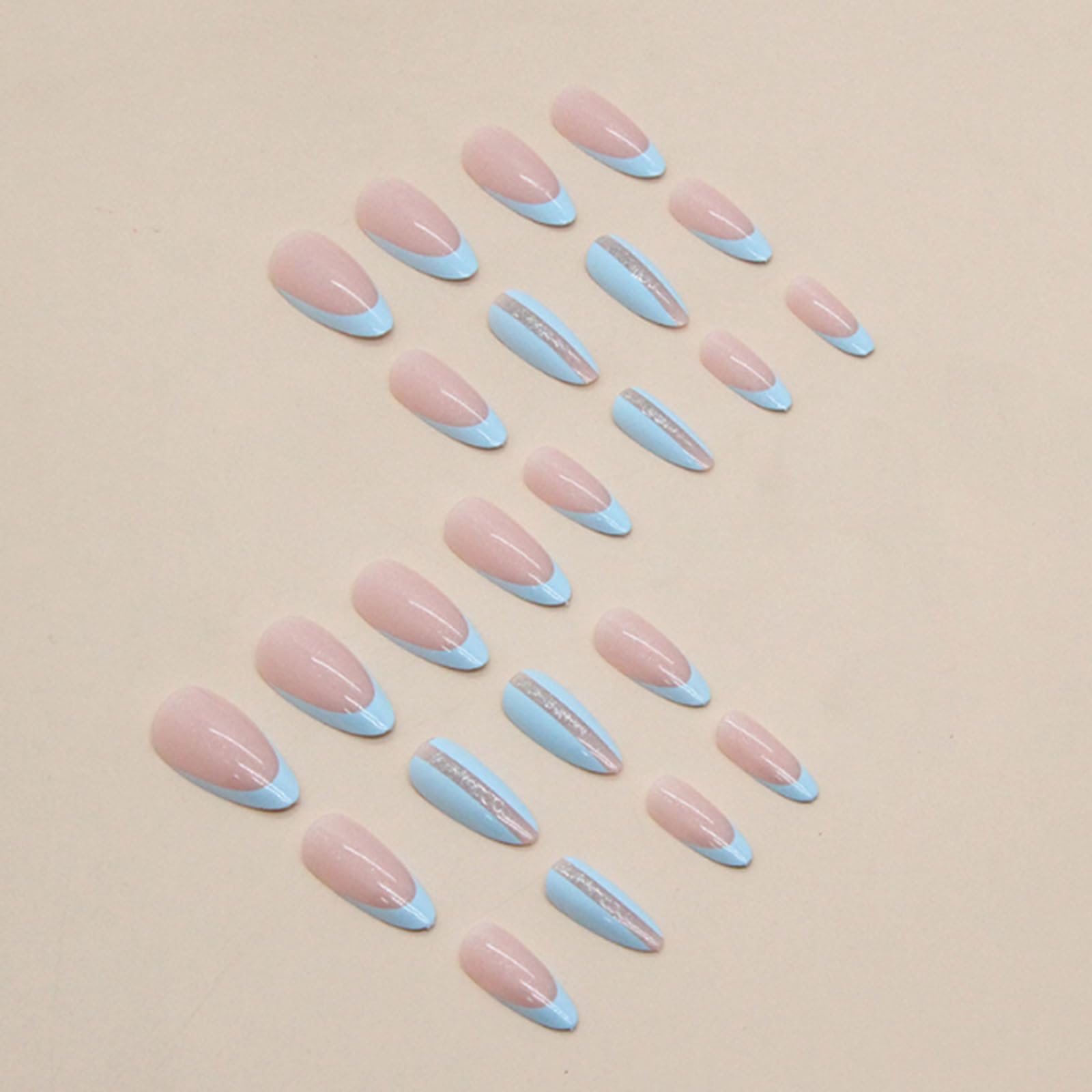 Oval Shape French Press On Nails with Light Blue Tip and Sparkle, 12PCS Glossy Nude Base Full Cover False Nails - Image 2