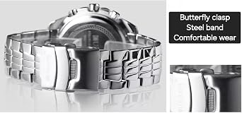 Men's Chronograph Watch, Black Dial, Silver Stainless Steel Band, Tachymeter Bezel, Butterfly Clasp, 45mm Case, Water Resistant, Analog Display, Luxury Business Sport Wristwatch