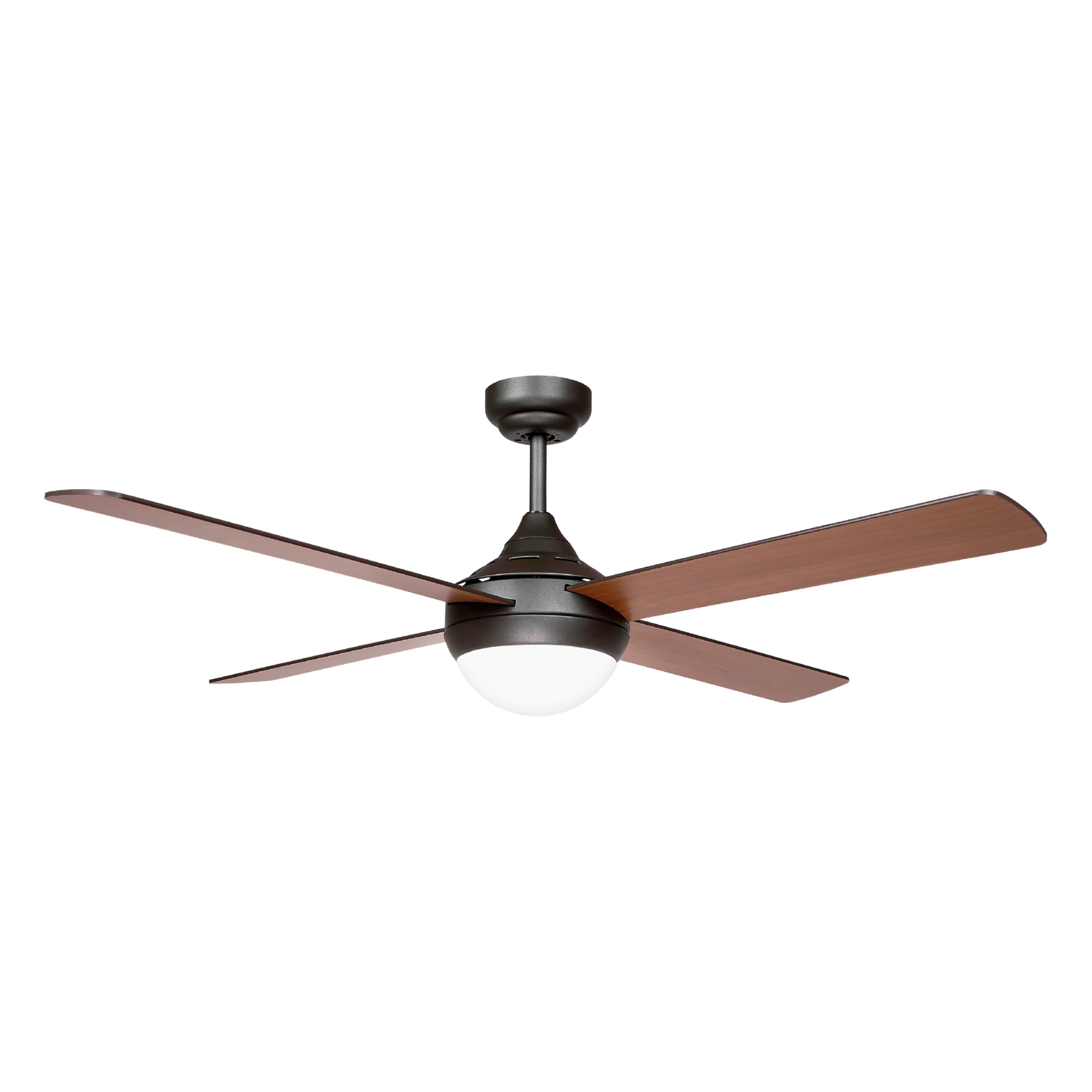 Sulion - Ventilador de Techo BALOO – Motor DC Silencioso, 4 Palas Reversibles Madera Clara/Oscura, Difusor de Cristal Opal, Temporizador, Modo Invierno-Verano, Apto Bombillas E27, Marrón Ø122 cm