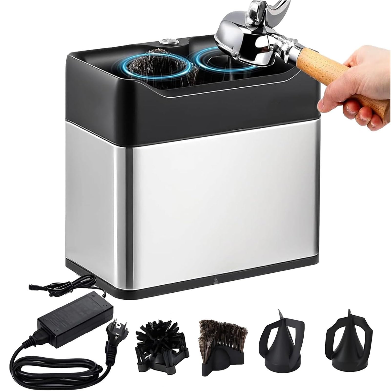 Limpiador de portafiltros eléctrico, con Cabezales de Cepillo Dobles y raspadores Dobles para portafiltros de 58 mm, máquina automática para Limpiar posos de café, para cafeterías. Silver