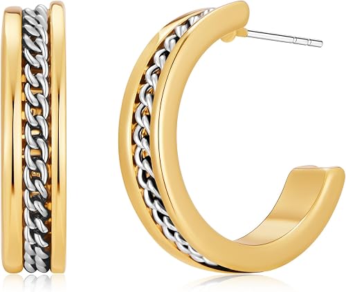 FAMARINE Gold and Silver Chain Hoop Earrings for Women Trendy Dainty Two Tone Ho